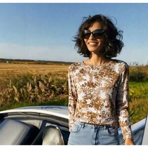 JOULES Anthropologie Elegant Chinoiserie Floral Golden Long Sleeve Top Sweater